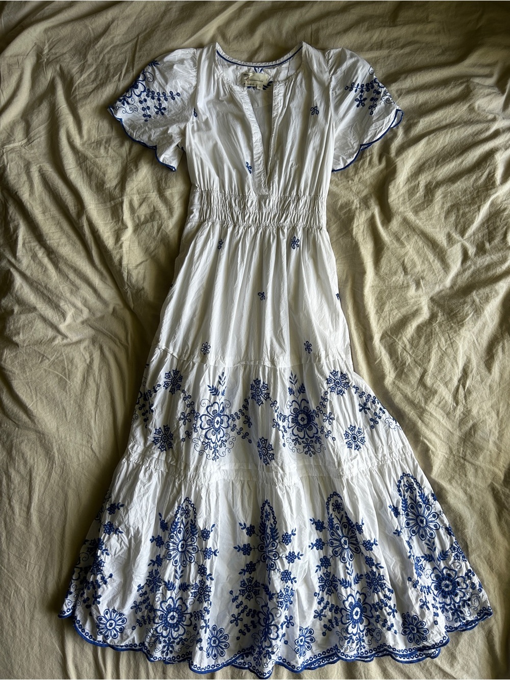 Anthropologie White Maxi Dress with Blue Embroidered Floral Border Small
